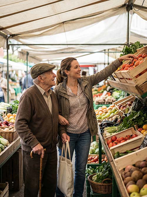 Auxiliaire de vie accompagnant une personne âgée lors d’une sortie au marché à Hyères dans le Var