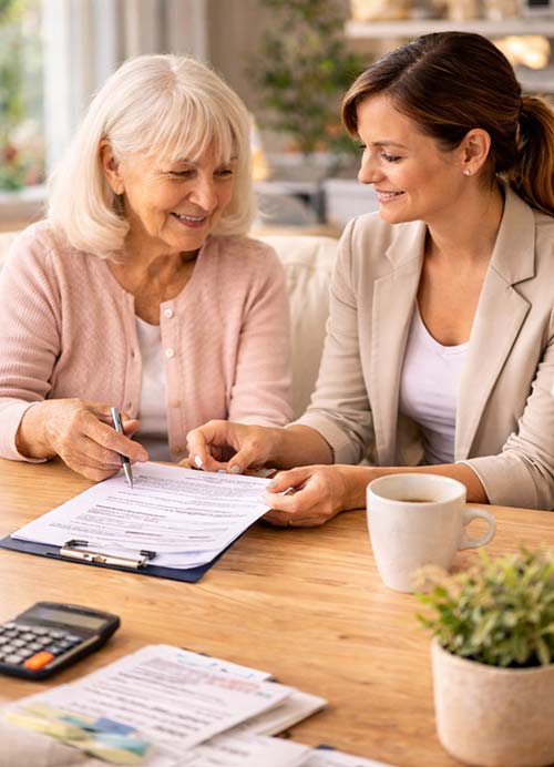 Accompagnement pour les aides financières en aide à domicile dans le Var avec une personne âgée et un conseiller étudiant un dossier