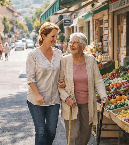 Accompagnement en mode mandataire avec auxiliaire de vie aidant une personne âgée lors d’une sortie au marché dans le Var