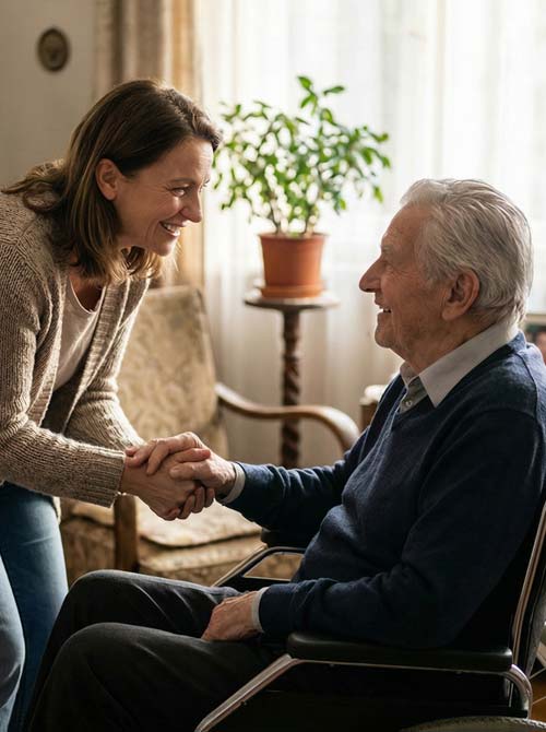 Accompagnement à domicile à Hyères avec auxiliaire de vie aidant une personne âgée en fauteuil dans un moment de confiance