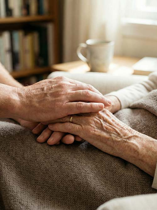 Geste de soutien et d’accompagnement à domicile entre une personne âgée et un proche dans un cadre chaleureux et rassurant