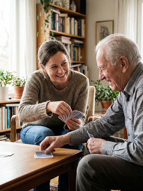 Auxiliaire de vie partageant une activité avec une personne âgée à domicile pour maintenir le lien social dans le Var
