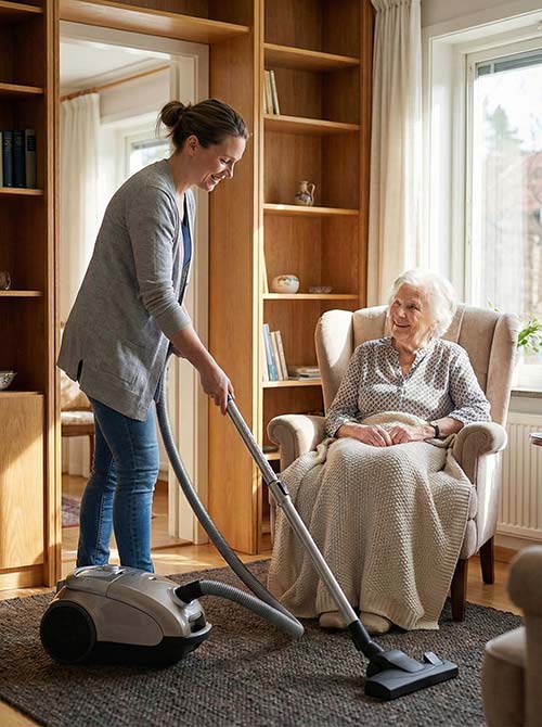 Aide ménagère réalisant un ménage à domicile pour une personne âgée dans le Var afin de maintenir un logement propre et confortable