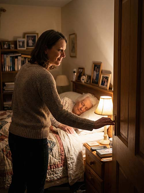 Auxiliaire de vie assurant une surveillance de nuit auprès d’une personne âgée à domicile dans le Var, dans un environnement sécurisé et rassurant