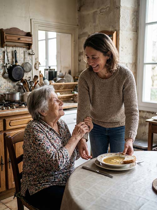 Auxiliaire de vie aidant une personne âgée à prendre son repas à domicile pour favoriser le maintien à domicile dans le Var