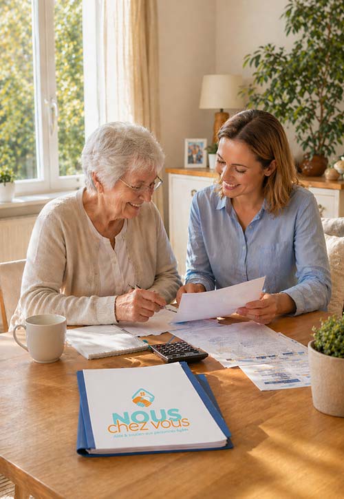 Accompagnement à domicile avec une personne âgée et une conseillère, présentation claire des tarifs tout inclus sans surprise