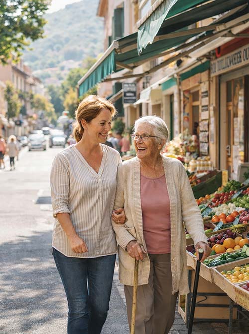 Accompagnement d’une personne âgée au marché à Toulon par une aide à domicile, favorisant l’autonomie et le lien social